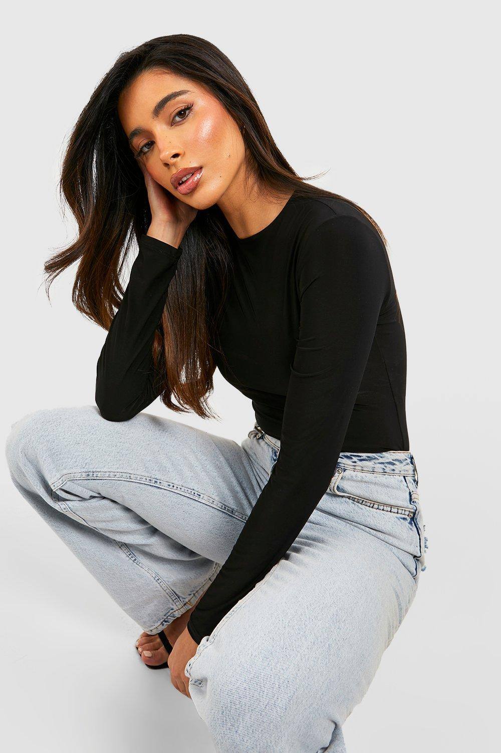 boohoo Women's Double Layer Slinky Long Sleeve Crew Neck Bodysuit in Ecru, view 2