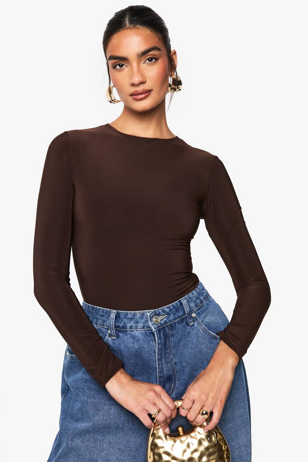 boohoo Women's Double Layer Slinky Long Sleeve Crew Neck Bodysuit in Chocolate by boohoo