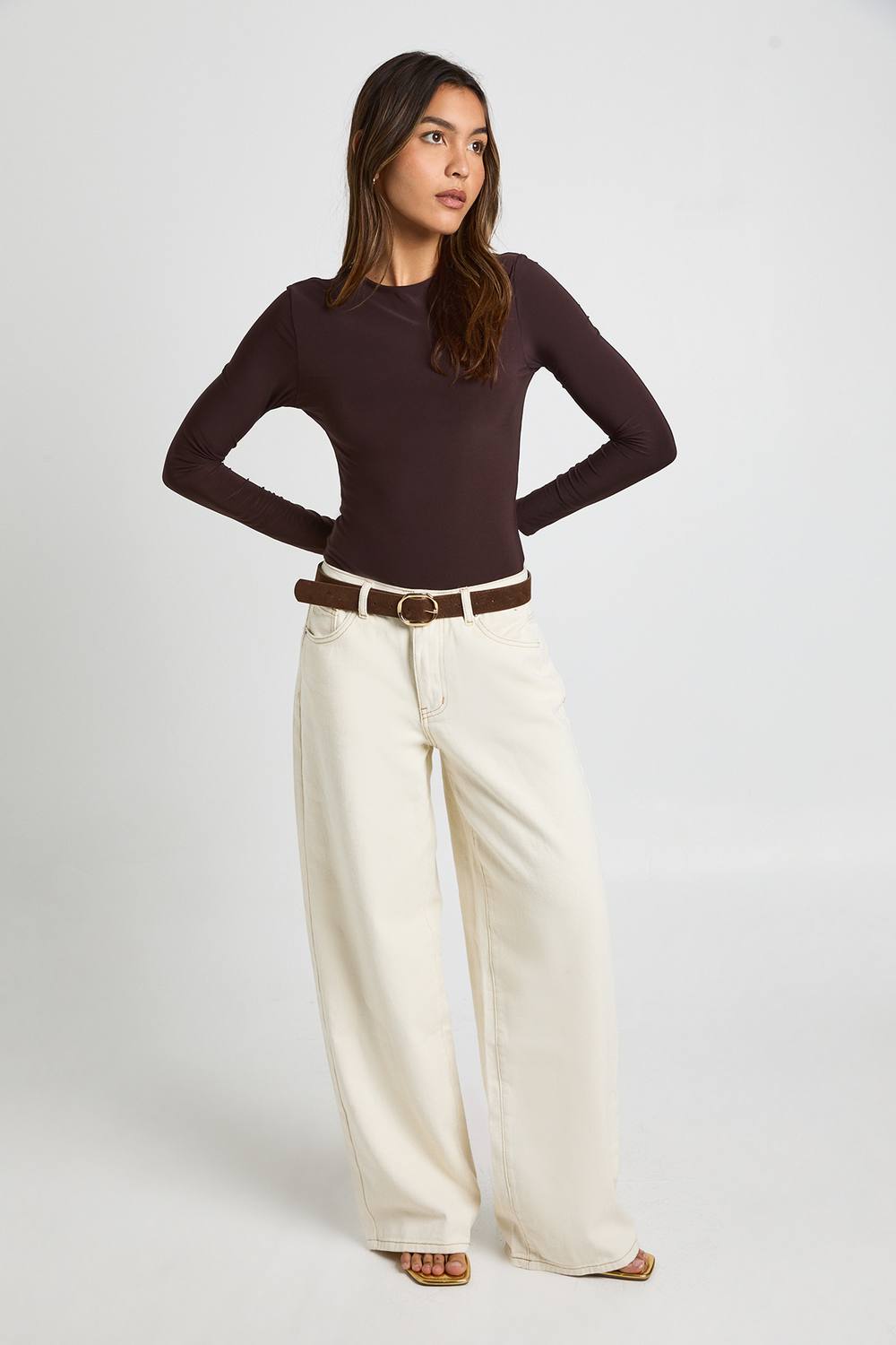 boohoo Women's Double Layer Slinky Long Sleeve Crew Neck Bodysuit in Chocolate by boohoo