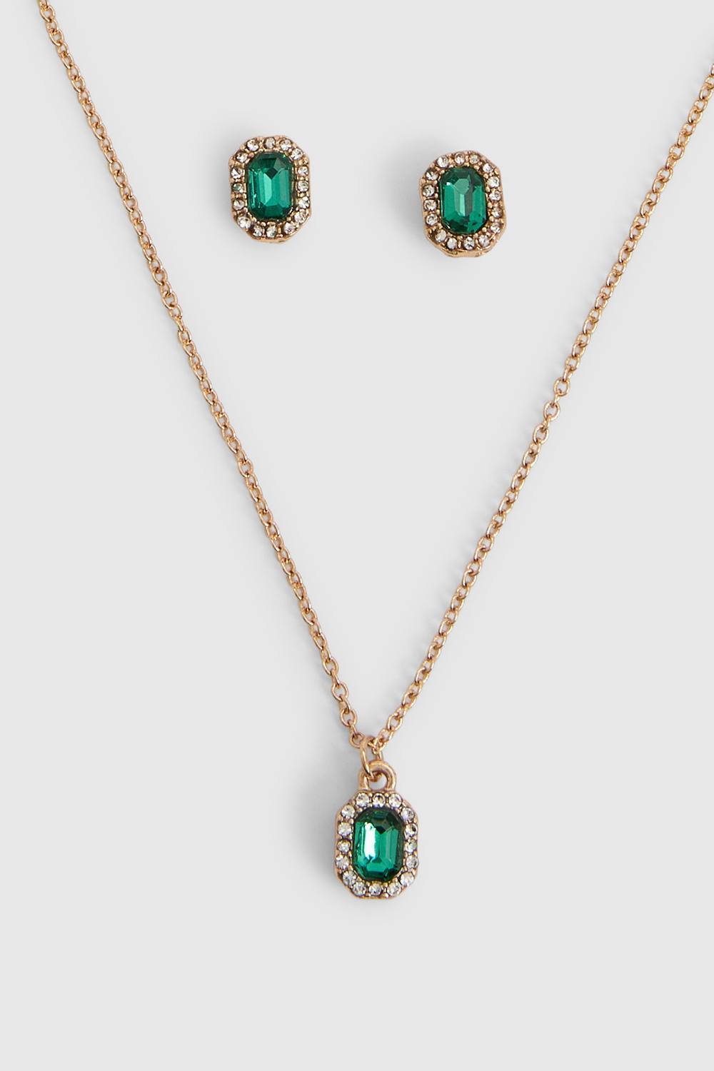 boohoo Women's Emerald & Diamante Stud Earrings & Necklace Set in Gold by boohoo