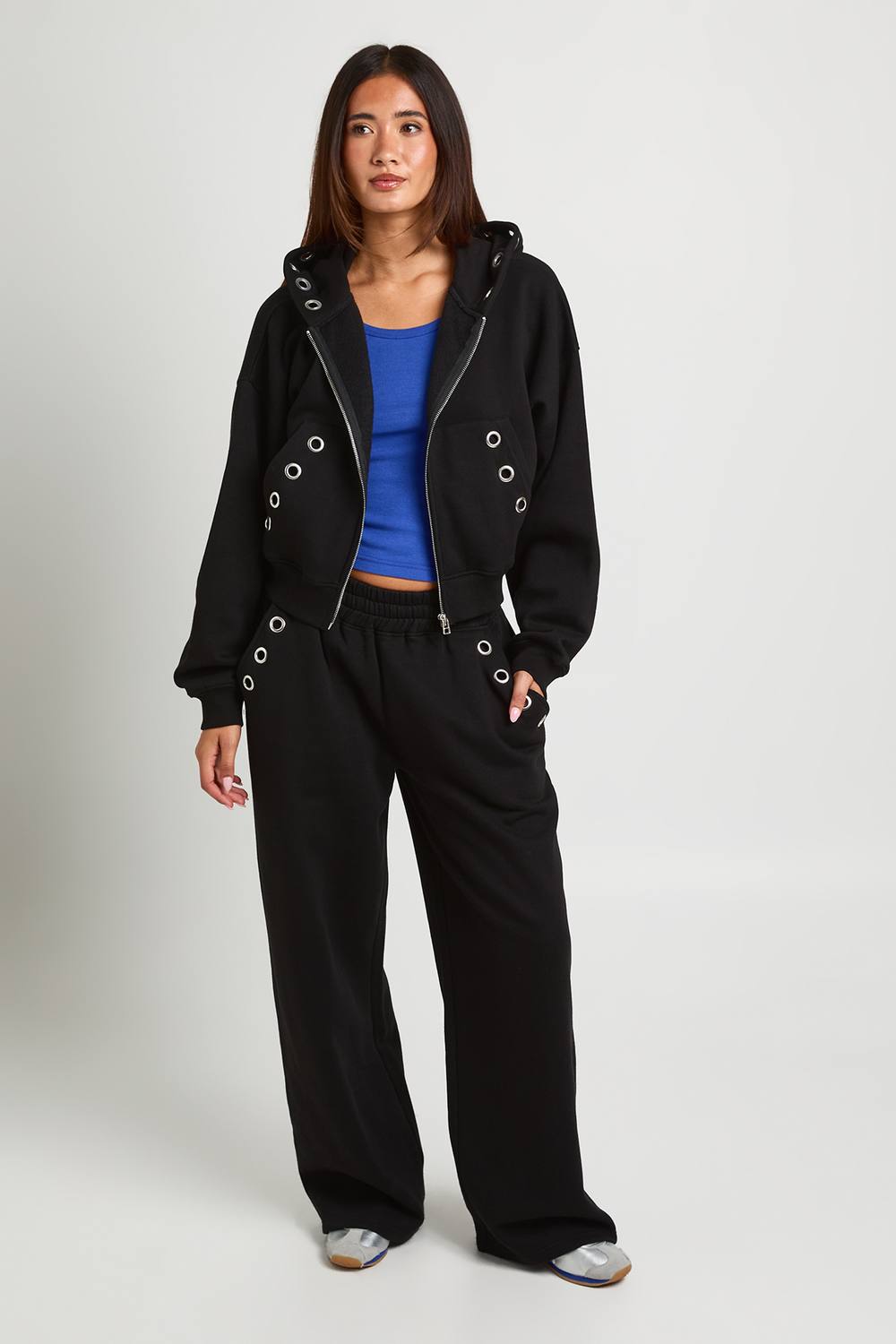 boohoo Women's Eyelet Detail Straight Leg Jogger Pants in Black by boohoo