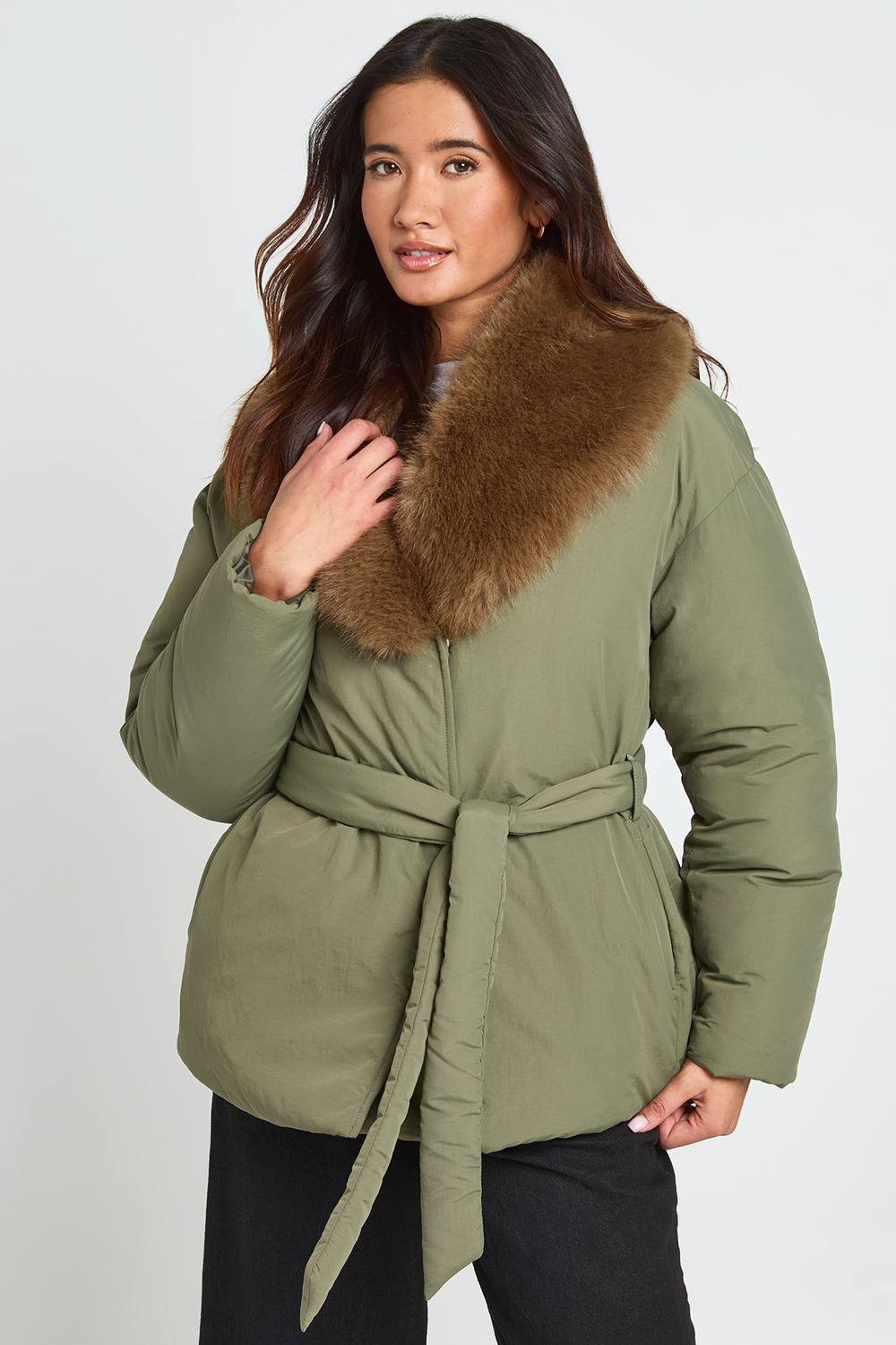 boohoo Women's Faux Fur Collar Belted Parka in Khaki by boohoo