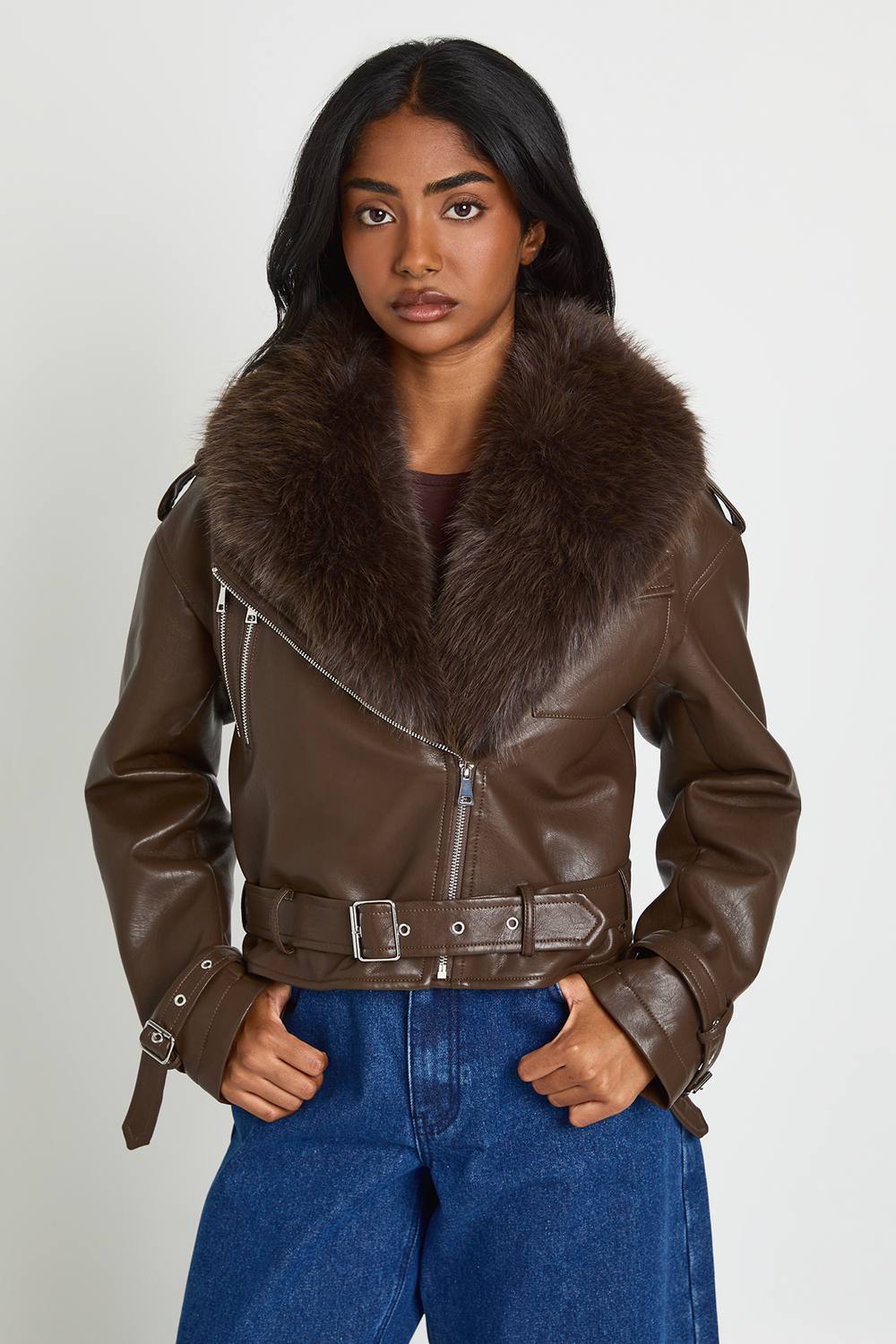 boohoo Women's Faux Fur Collar Faux Leather Jacket in Chocolate by boohoo