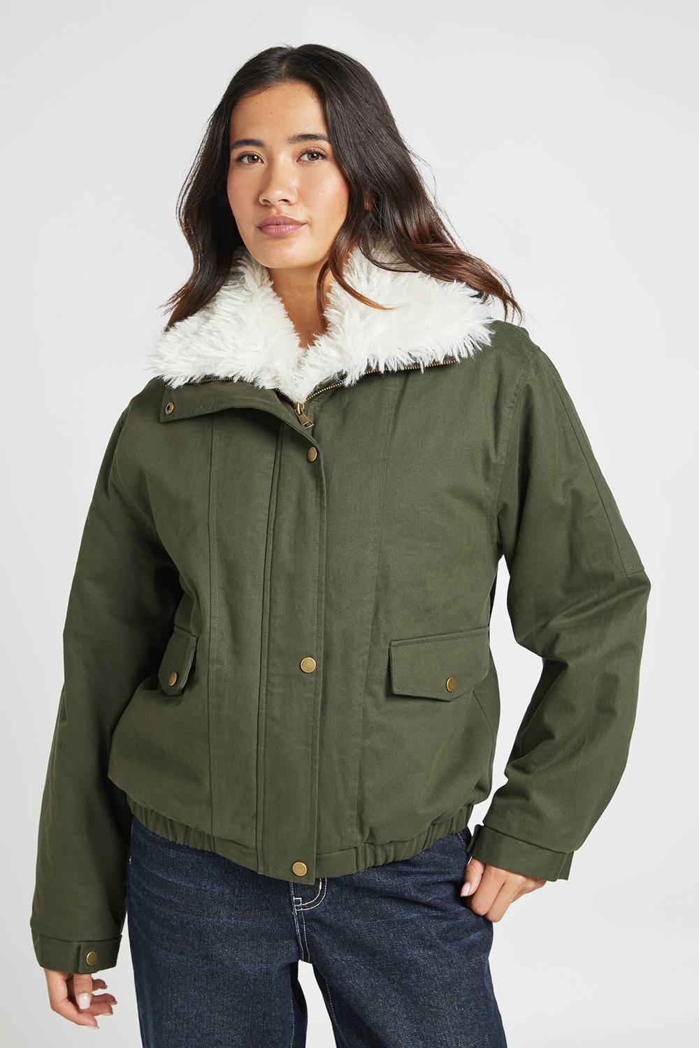 boohoo Women's Faux Fur Collar Parka in Khaki by boohoo