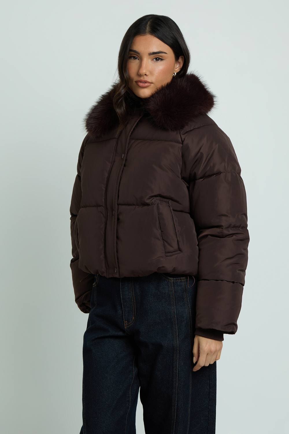 boohoo Women's Faux Fur Collar Puffer Jacket in Chocolate by boohoo