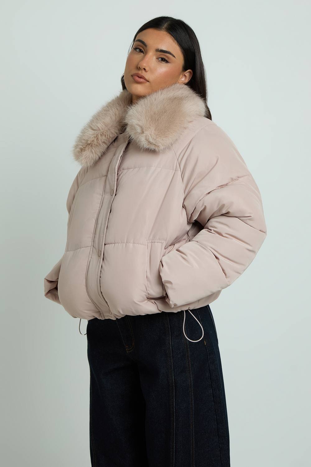 boohoo Women's Faux Fur Collar Puffer Jacket in Stone by boohoo