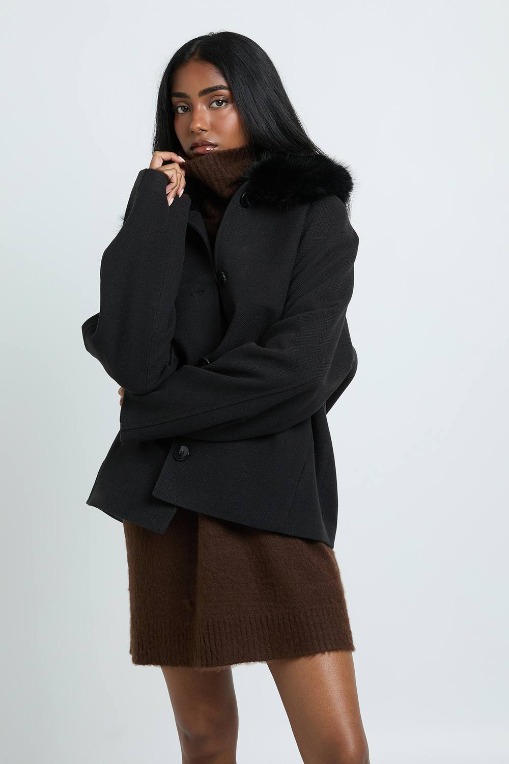 boohoo Women's Faux Fur Collar Wool Look Coat in Black by boohoo