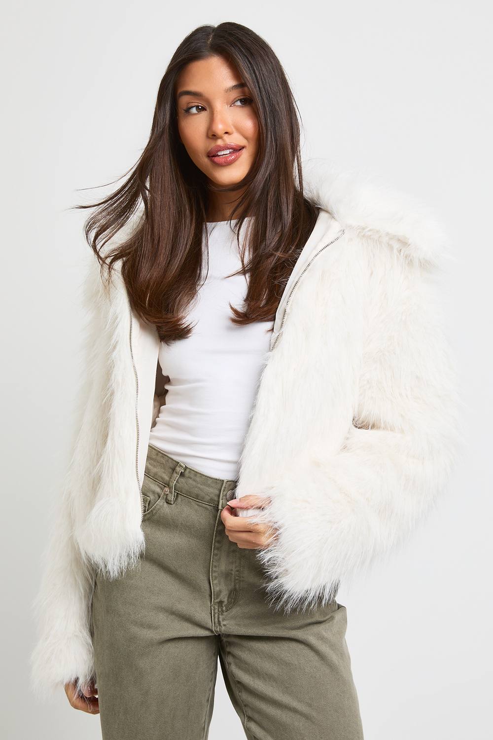 boohoo Women's Faux Fur Collared Jacket in White by boohoo