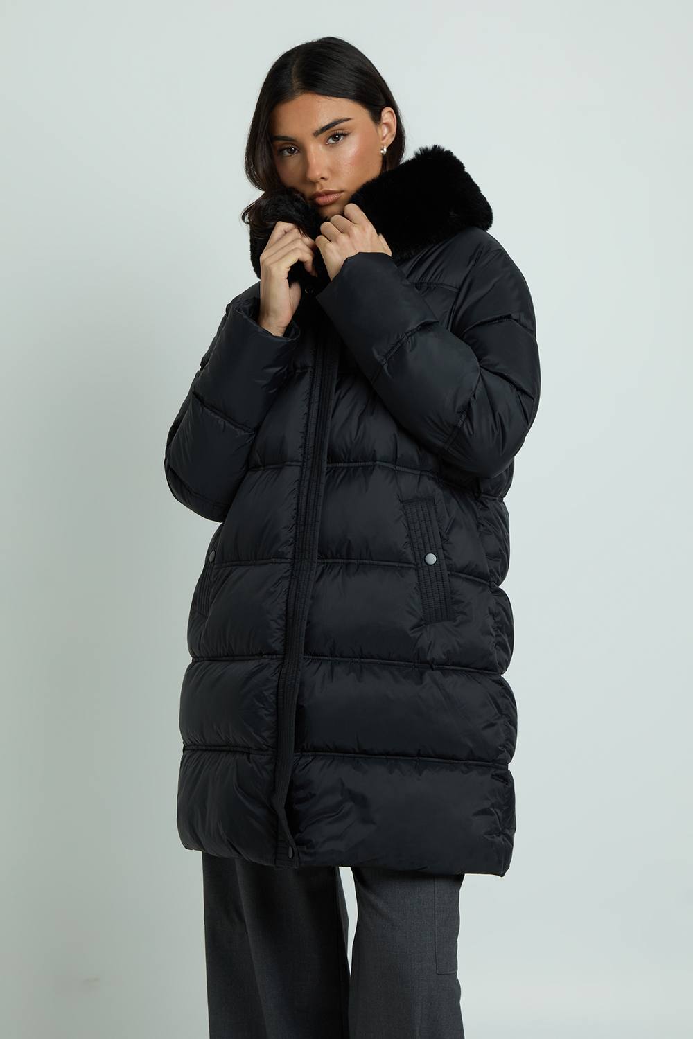 boohoo Women's Faux Fur Trim Belted Midi Puffer Jacket in Black by boohoo