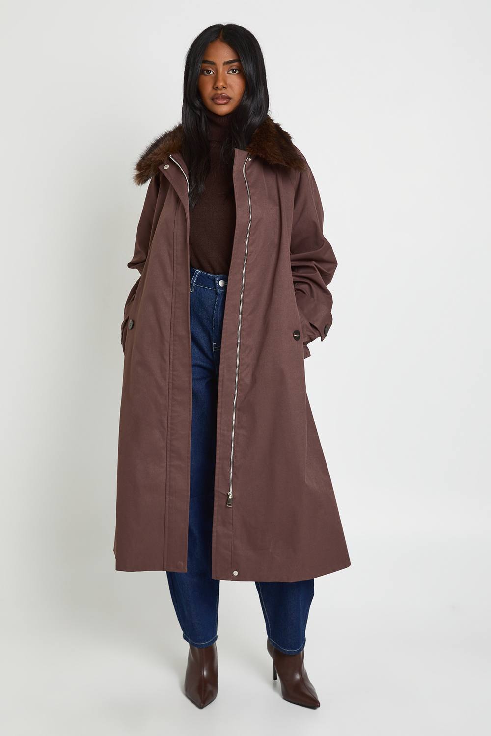 boohoo Women's Faux Fur Trim Funnel Neck Longline Trench Coat in Chocolate by boohoo
