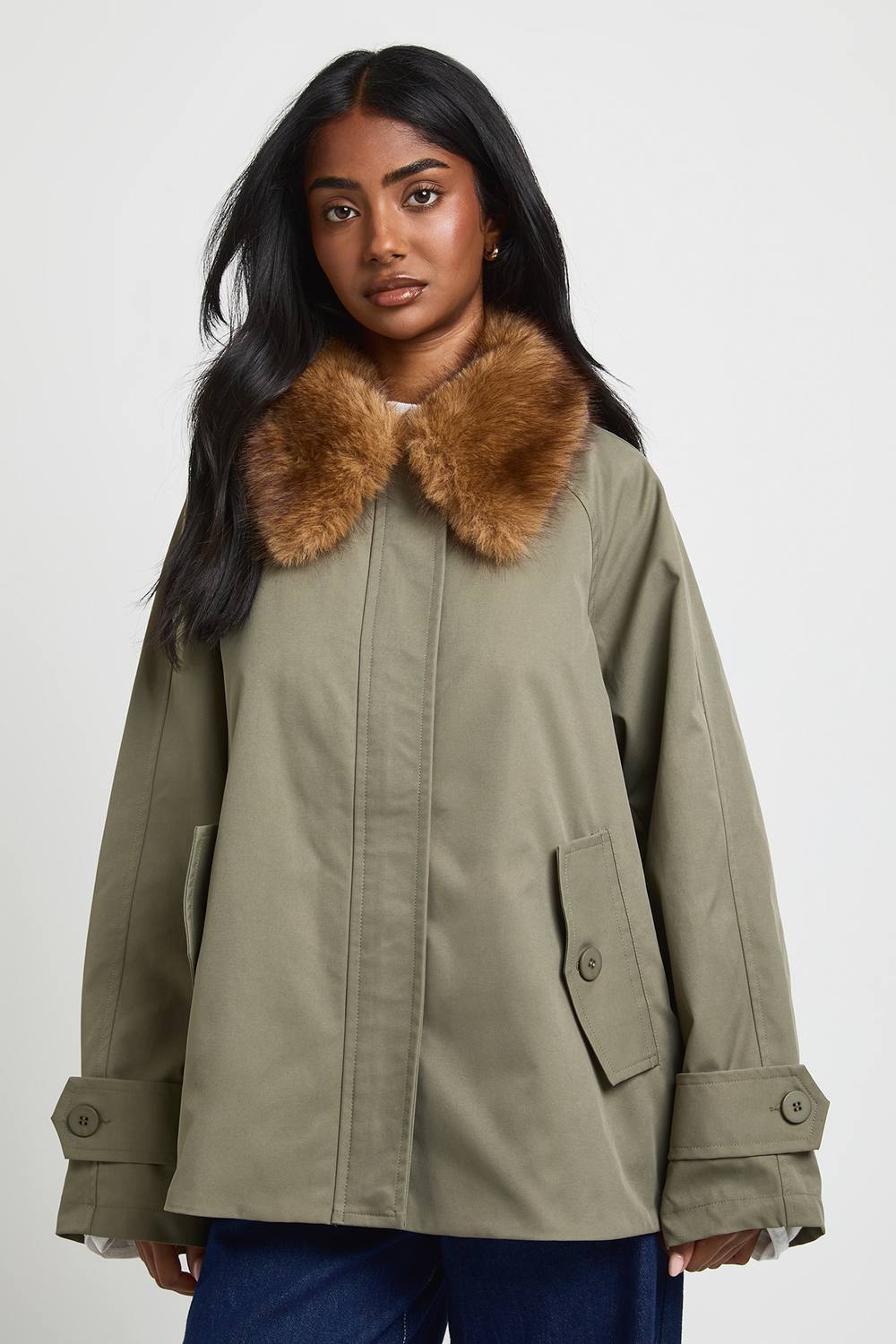 boohoo Women's Faux Fur Trim Funnel Neck Trench Coat in Khaki by boohoo