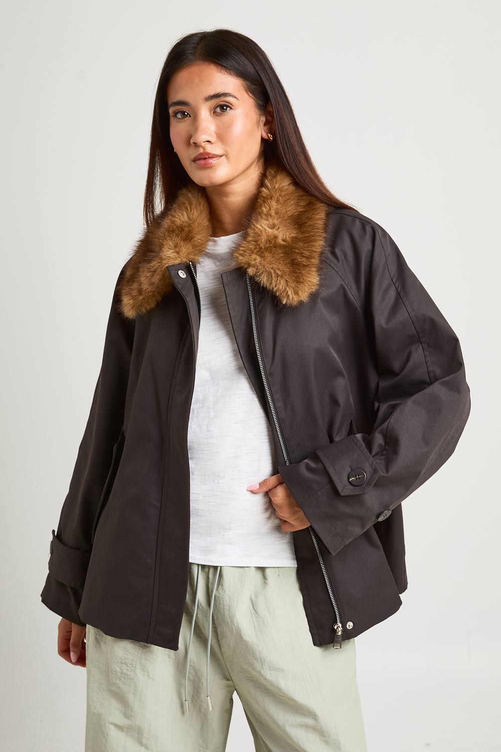 boohoo Women's Faux Fur Trim Funnel Neck Trench Coat in Chocolate by boohoo