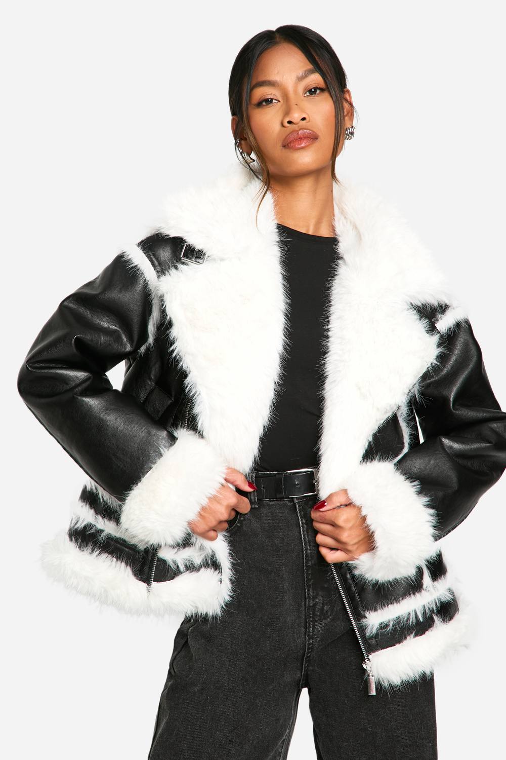 boohoo Women's Faux Fur Trim Oversized Aviator Jacket in Black | Size: 4 | Woven
