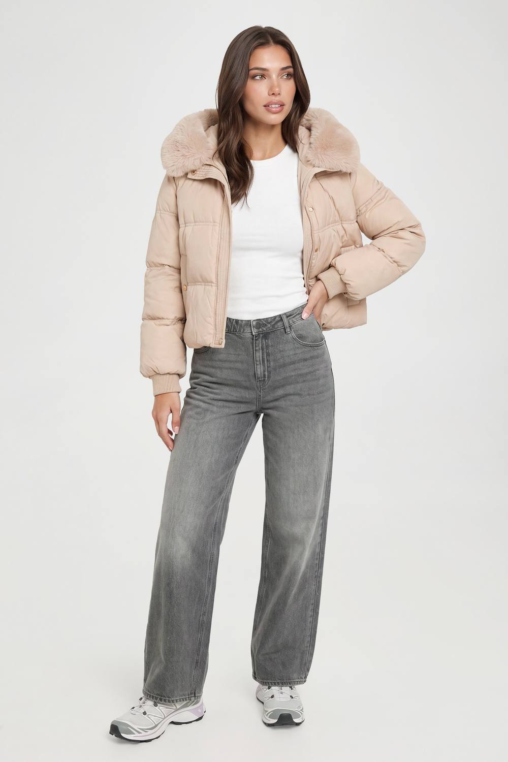 boohoo Women's Faux Fur Trim Rib Cuff Puffer Jacket in Stone by boohoo