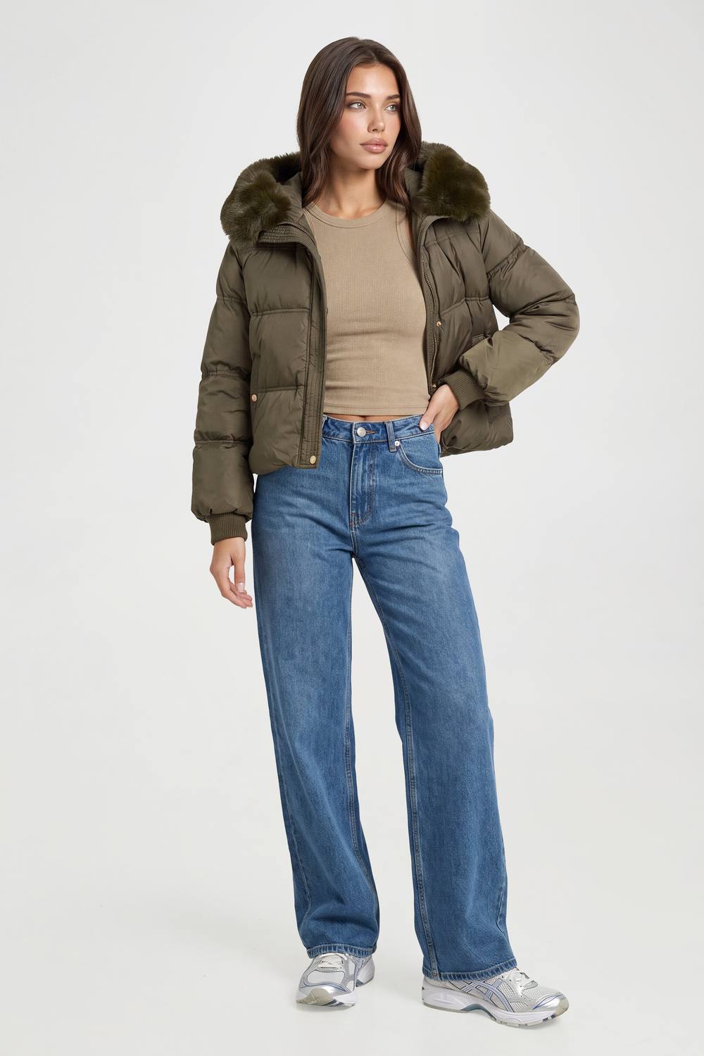 boohoo Women's Faux Fur Trim Rib Cuff Puffer Jacket in Khaki by boohoo