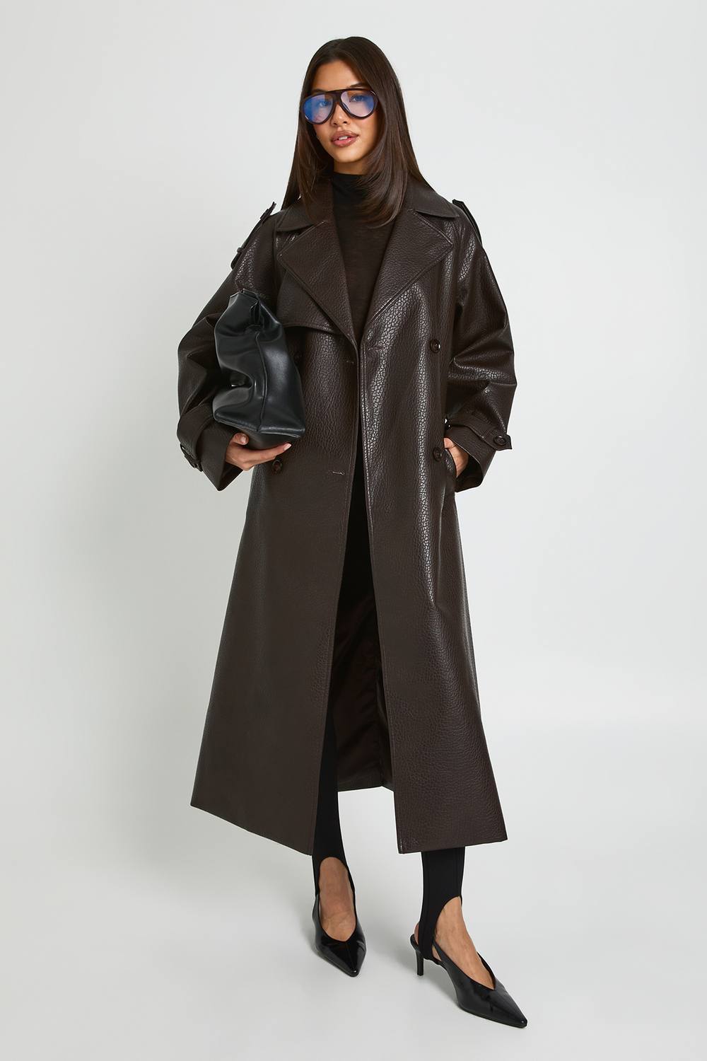 boohoo Women's Faux Leather Belted Trench Coat in Chocolate by boohoo