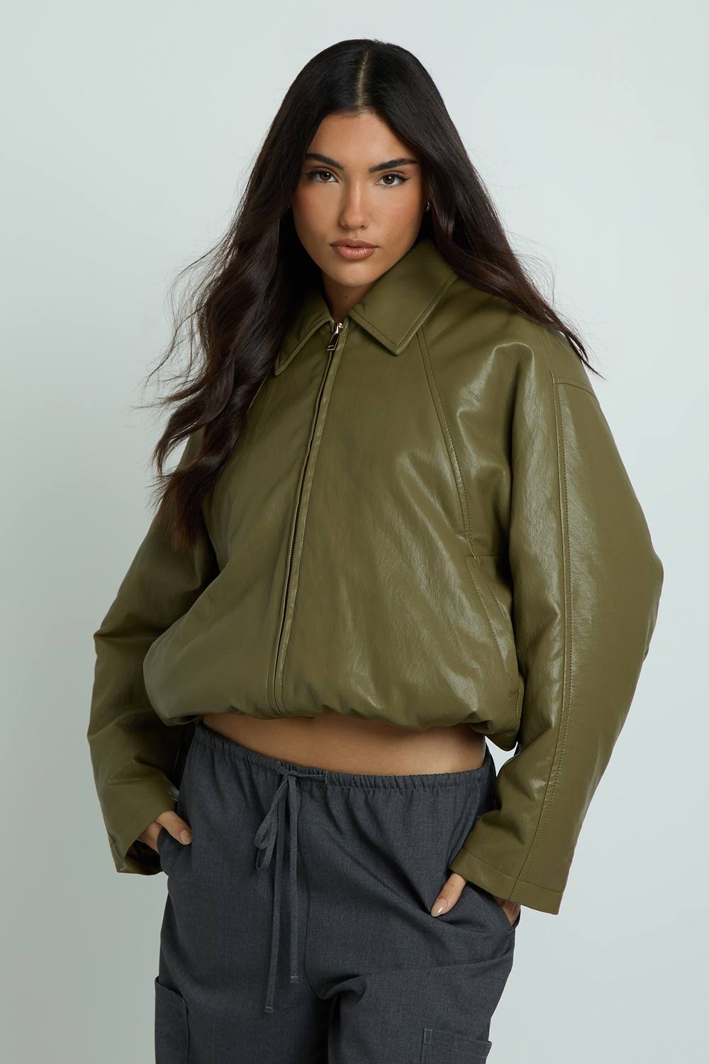 boohoo Women's Faux Leather Padded Bomber Jacket in Olive by boohoo