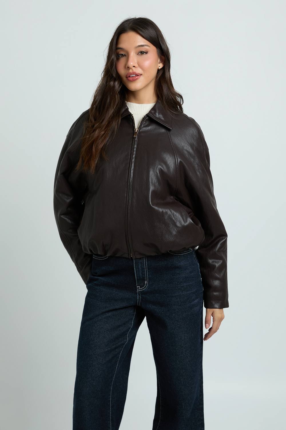 boohoo Women's Faux Leather Padded Bomber Jacket in Chocolate by boohoo