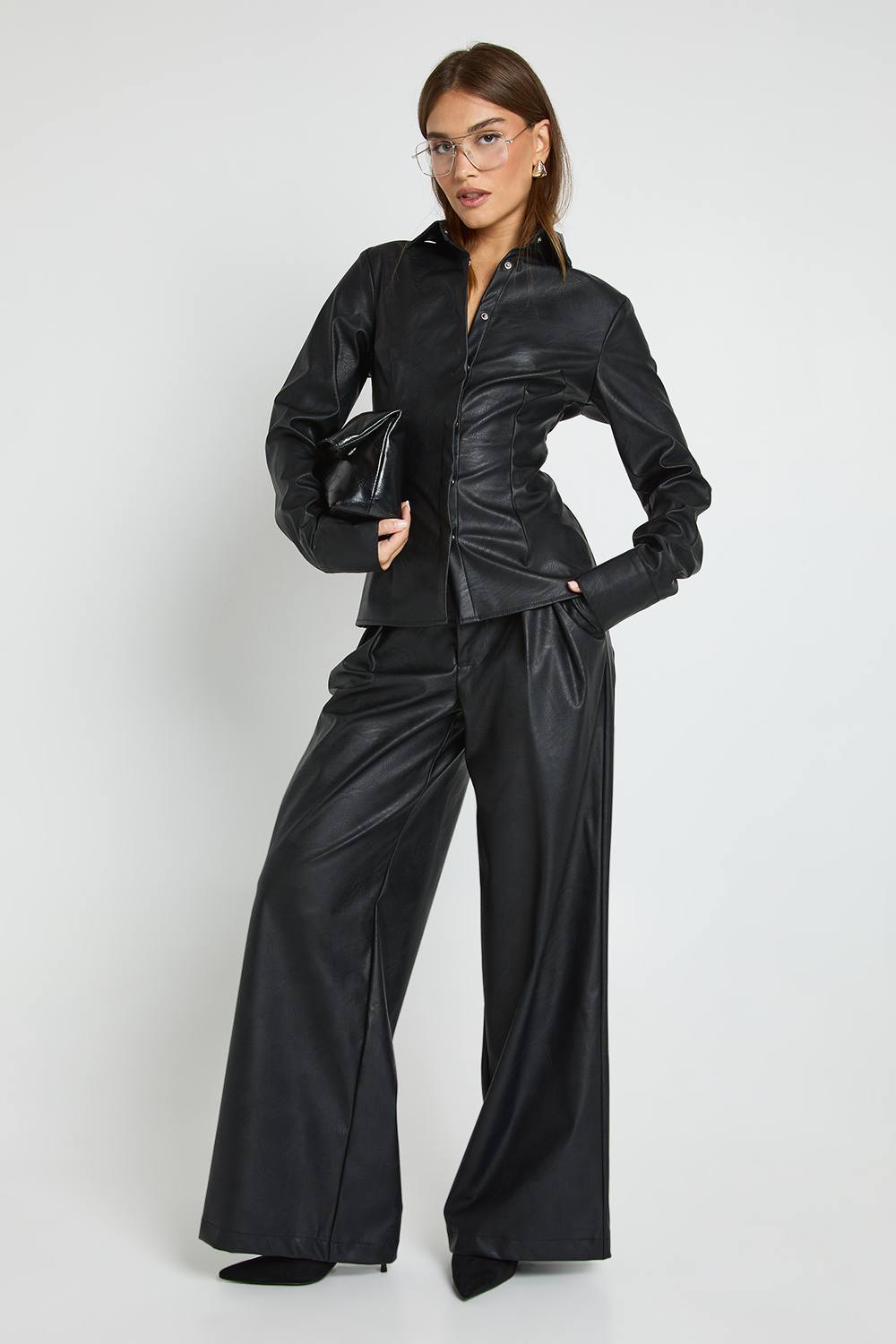 boohoo Women's Faux Leather Palazzo Trousers in Black by boohoo