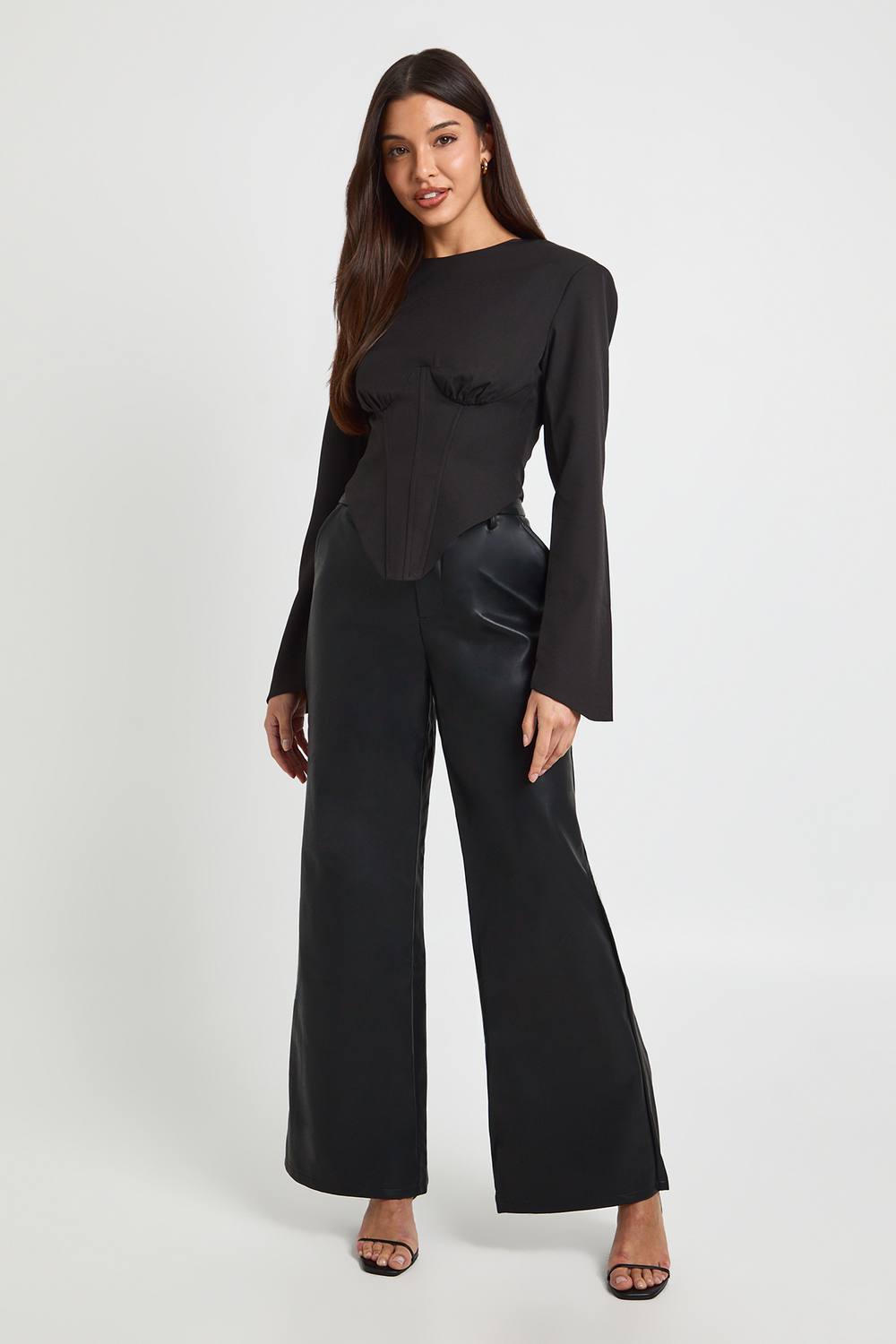 boohoo Women's Faux Leather Wide Leg Trouser in Black by boohoo