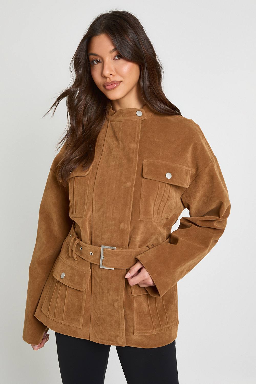 boohoo Women's Faux Suede Belted Jacket in Tan by boohoo