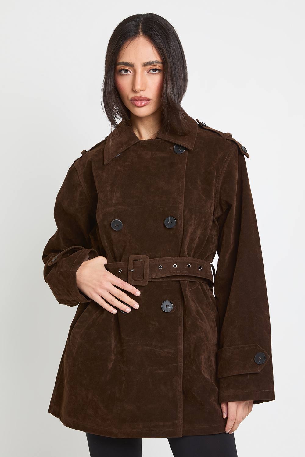 boohoo Women's Faux Suede Double Breasted Trench Coat in Chocolate by boohoo