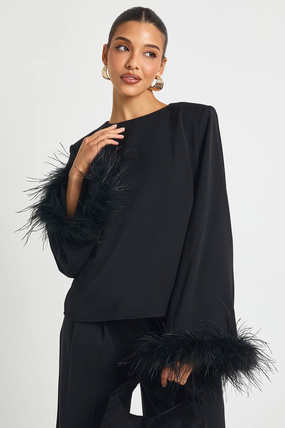 boohoo Women's Feather Cuff Blouse in Black by boohoo