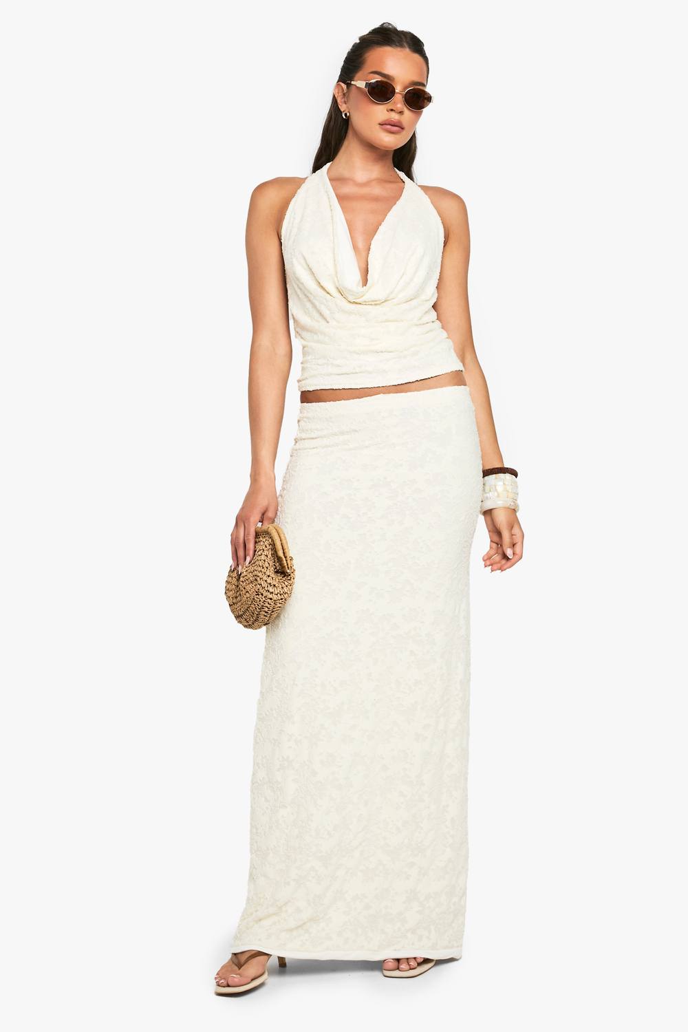 boohoo Women's Floral Jaquard Column Maxi Skirt in Cream by boohoo