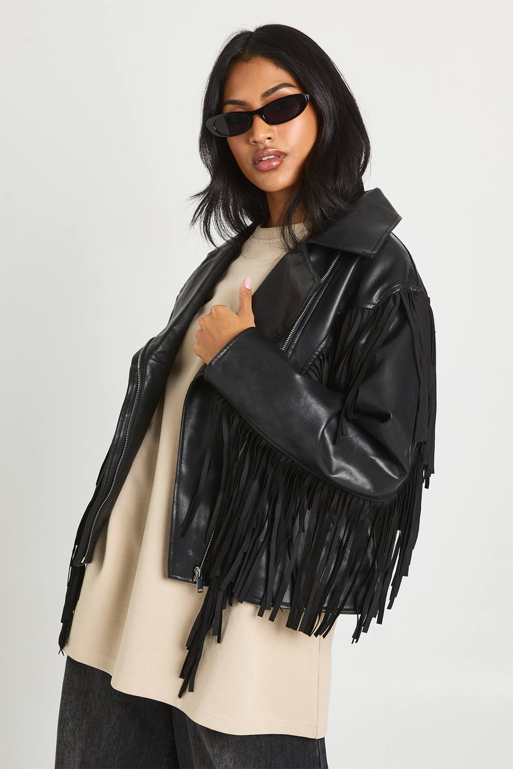 boohoo Women's Fringe Detail Faux Leather Biker Jacket in Black | Size: 6 | Denim/Faux Leather