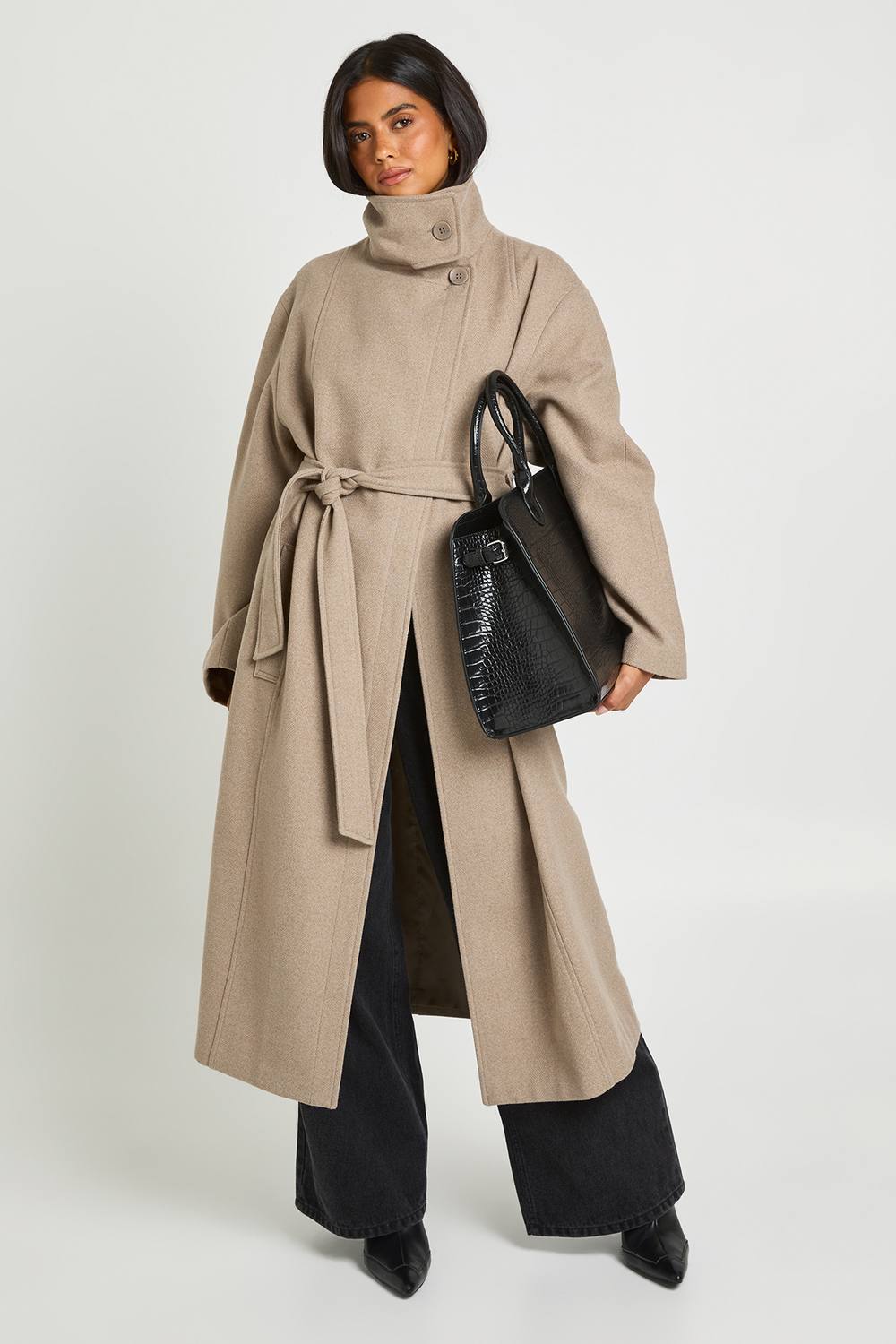 boohoo Women's Funnel Neck Belted Wool Look Coat in Taupe by boohoo