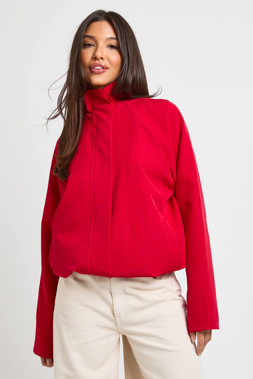 boohoo Women's Funnel Neck Bomber Jacket in Red by boohoo