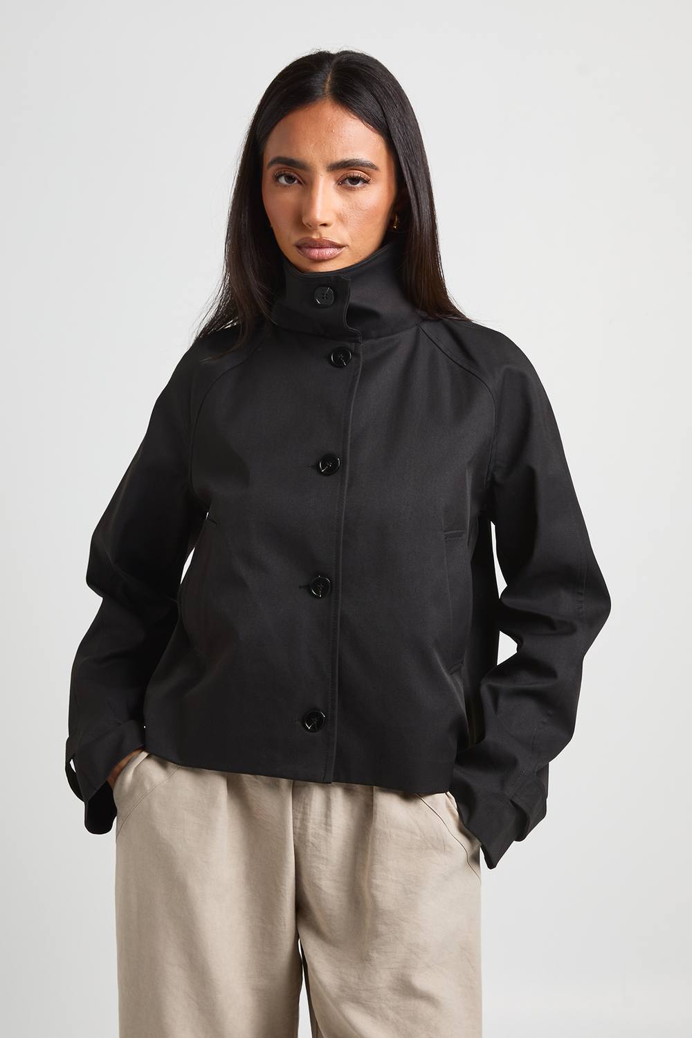 boohoo Women's Funnel Neck Button Up Trench Coat in Black by boohoo