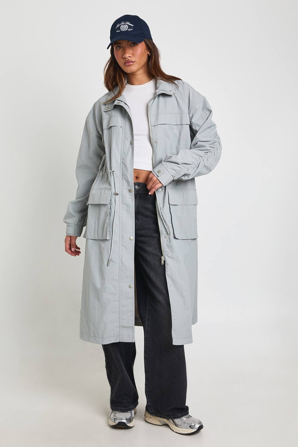 boohoo Women's Funnel Neck Cinched Waist Lightweight Trench Jacket in Grey by boohoo