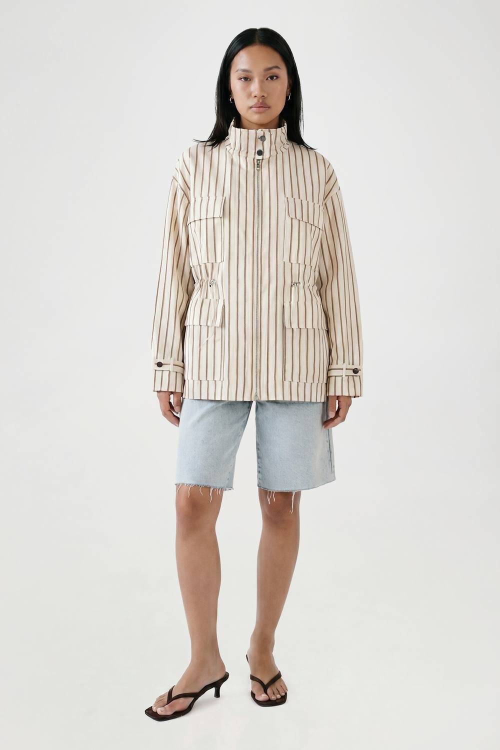 boohoo Women's Funnel Neck Cinched Waist Stripe Shirt in Ecru by boohoo