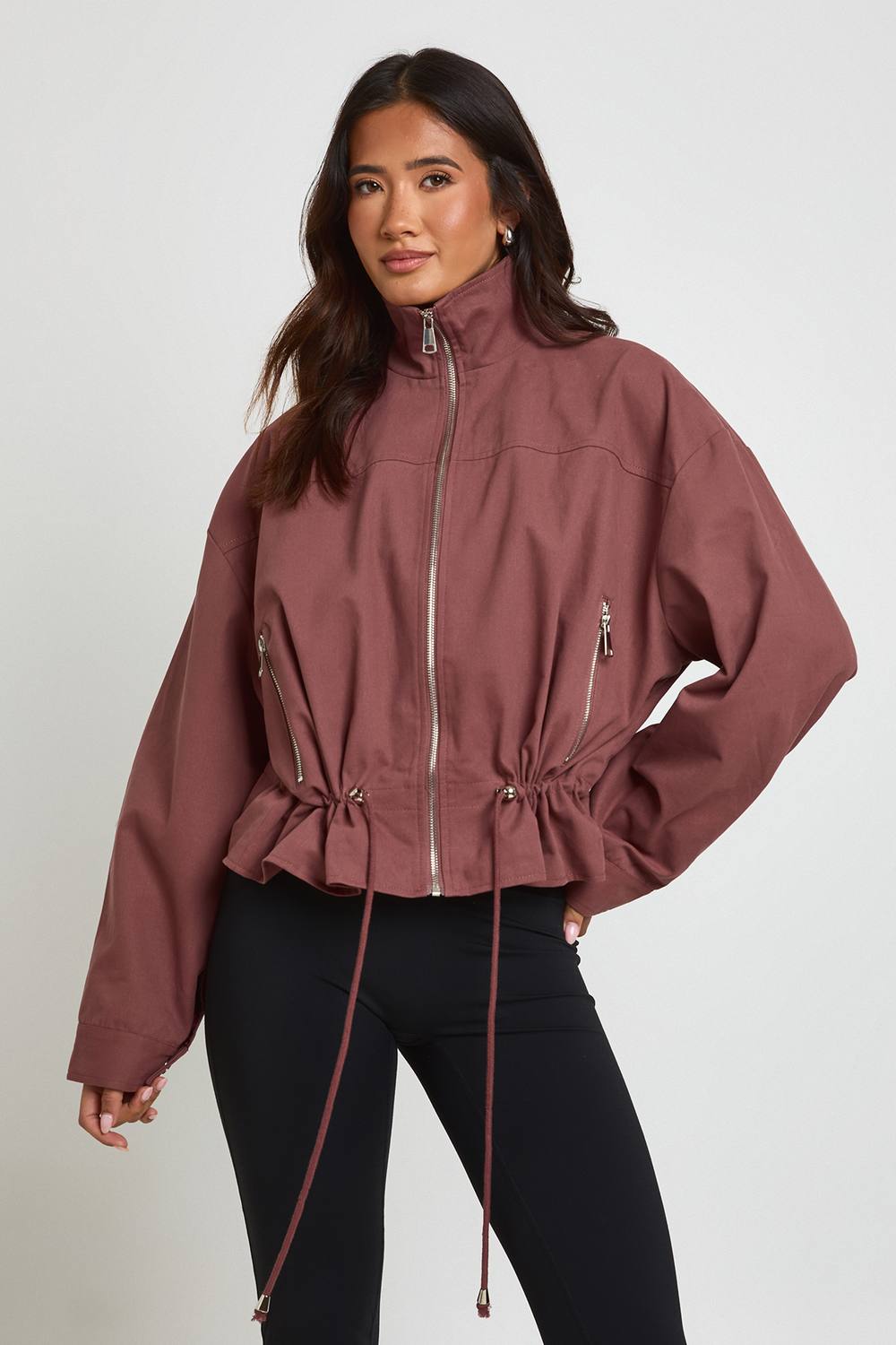 boohoo Women's Funnel Neck Cinched Waist Utility Jacket in Rust by boohoo