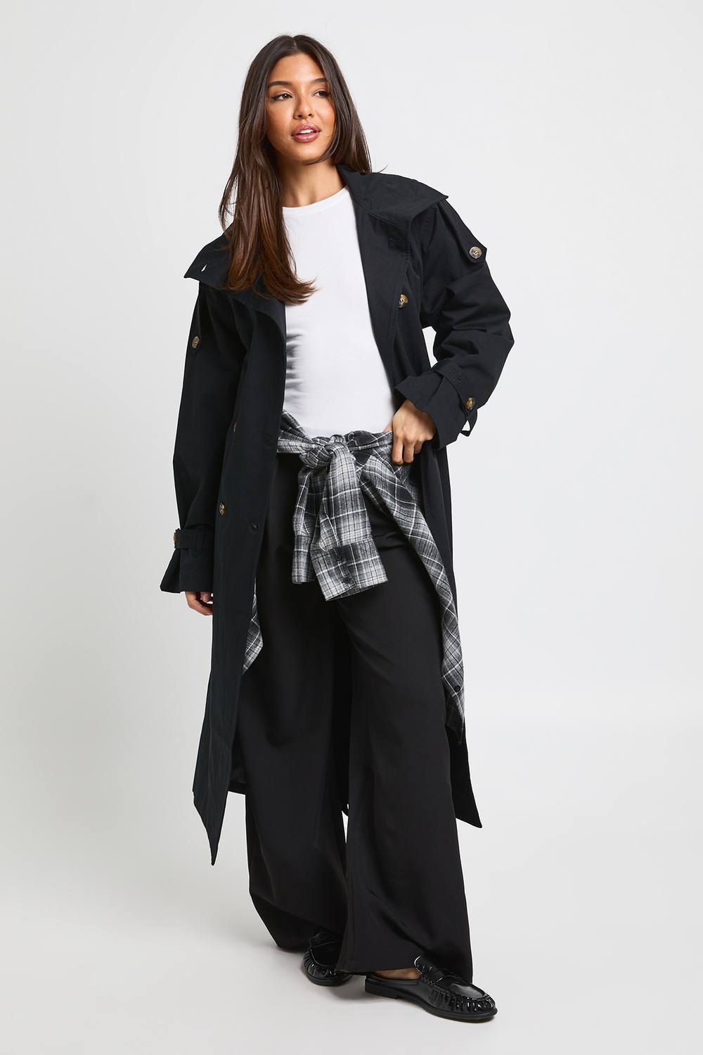 boohoo Women's Funnel Neck Double Breasted Trench Coat in Black by boohoo
