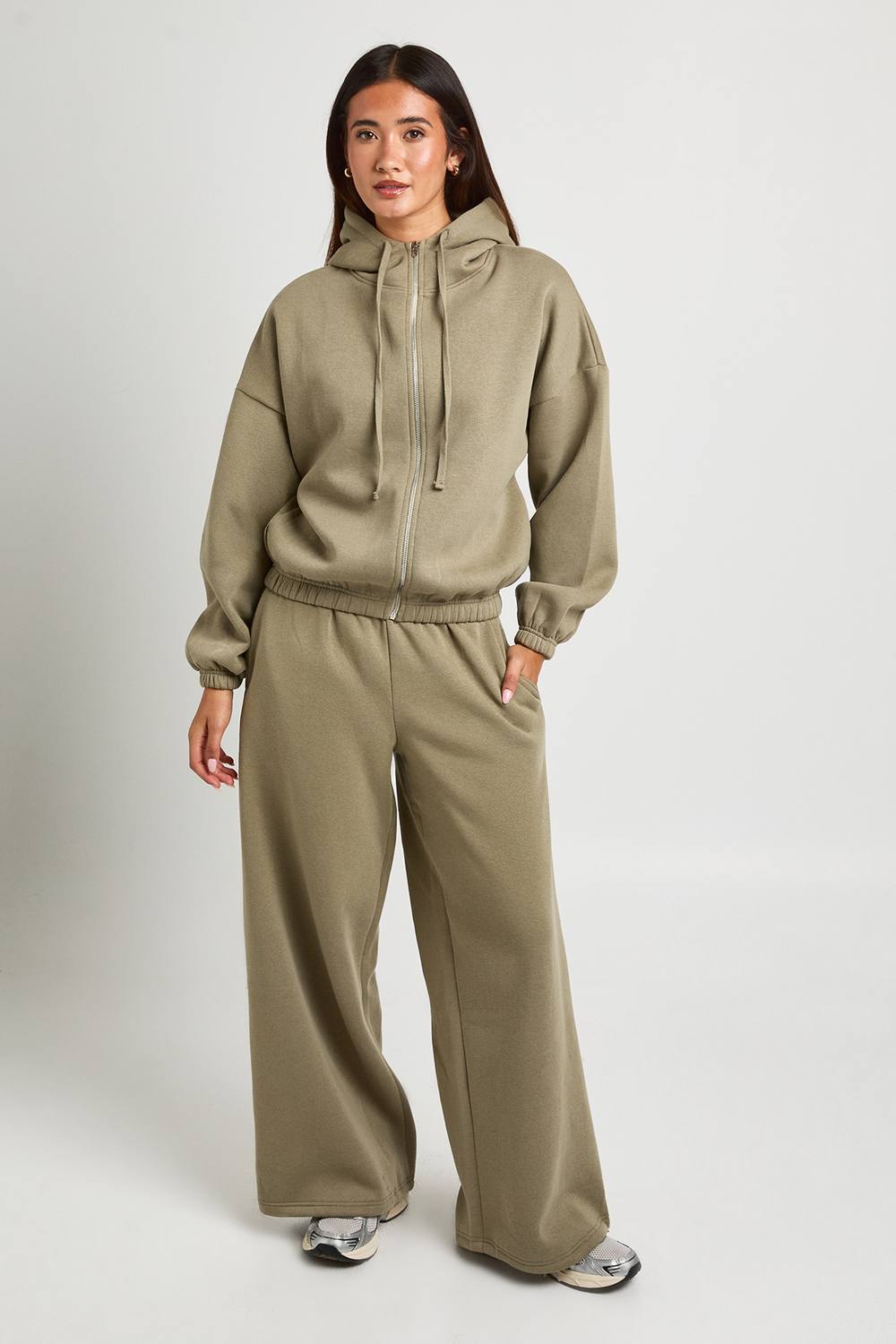 boohoo Women's Funnel Neck Hooded Ajustable Cuff Tracksuit in Khaki by boohoo
