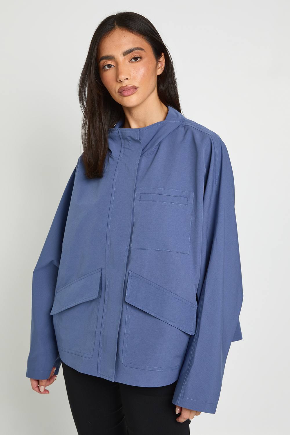 boohoo Women's Funnel Neck Oversized Jacket in Blue by boohoo