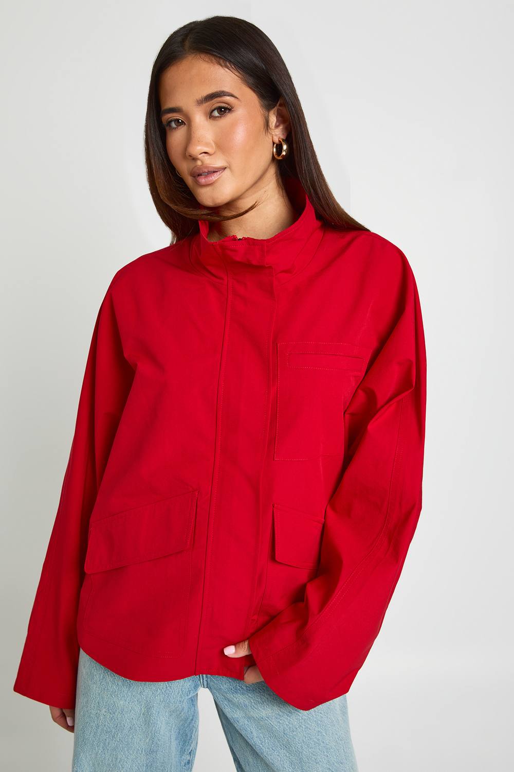boohoo Women's Funnel Neck Oversized Jacket in Red by boohoo