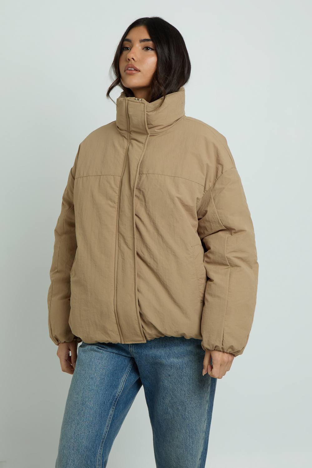 boohoo Women's Funnel Neck Oversized Puffer Jacket in Stone by boohoo