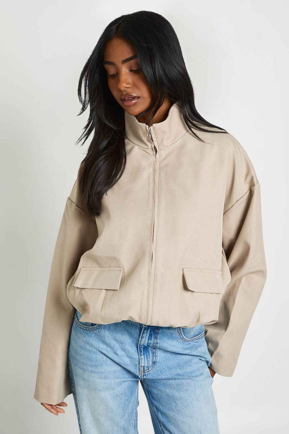 boohoo Women's Funnel Neck Pleat Detail Tailored Bomber Jacket in Taupe by boohoo