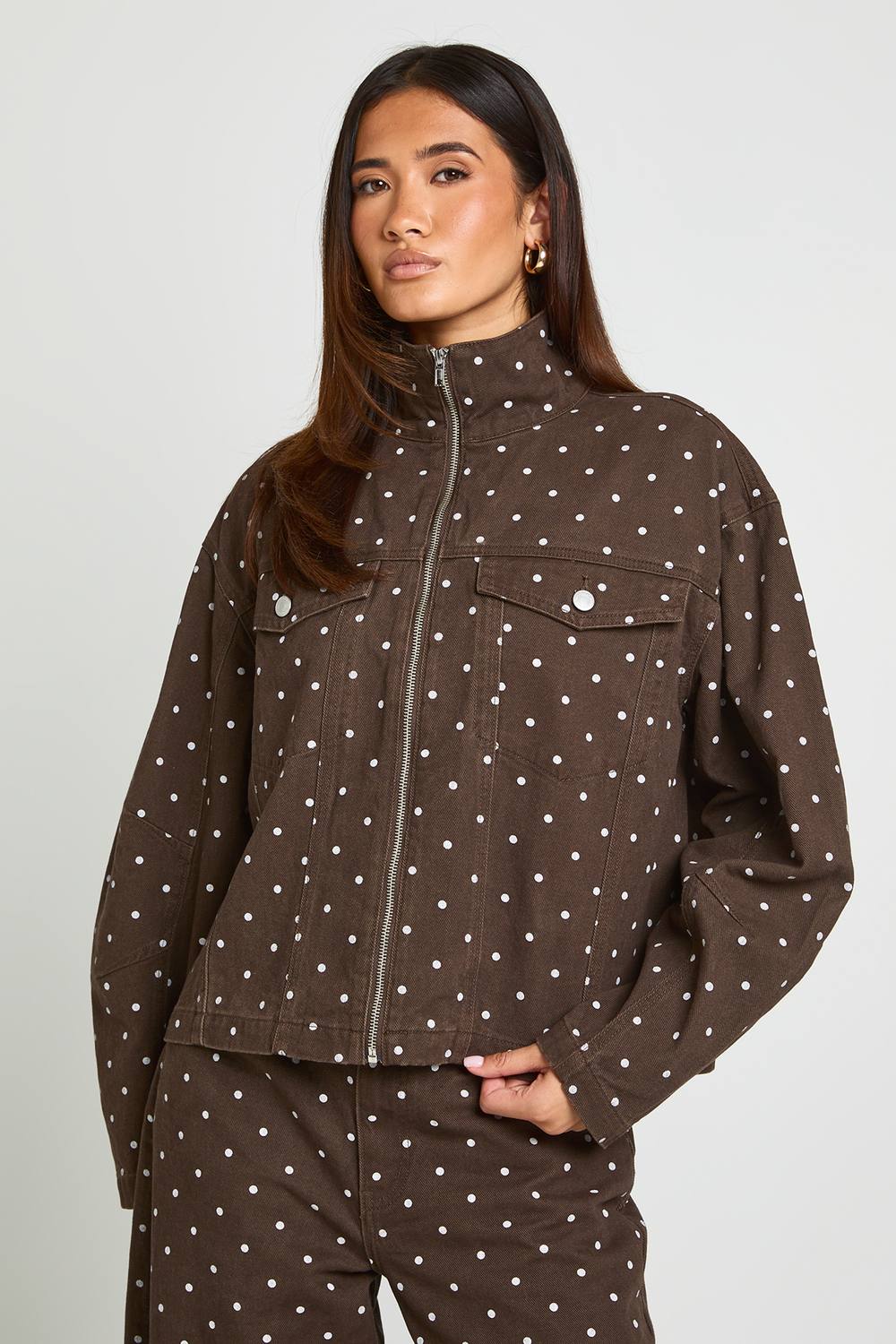 boohoo Women's Funnel Neck Polka Dot Denim Jacket in Chocolate by boohoo