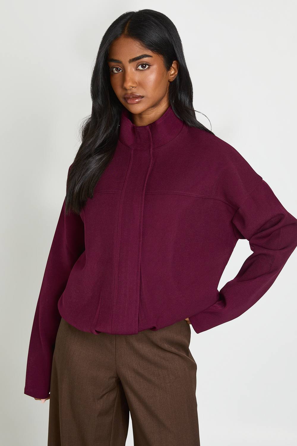 boohoo Women's Funnel Neck Tailored Bomber Jacket in Plum by boohoo