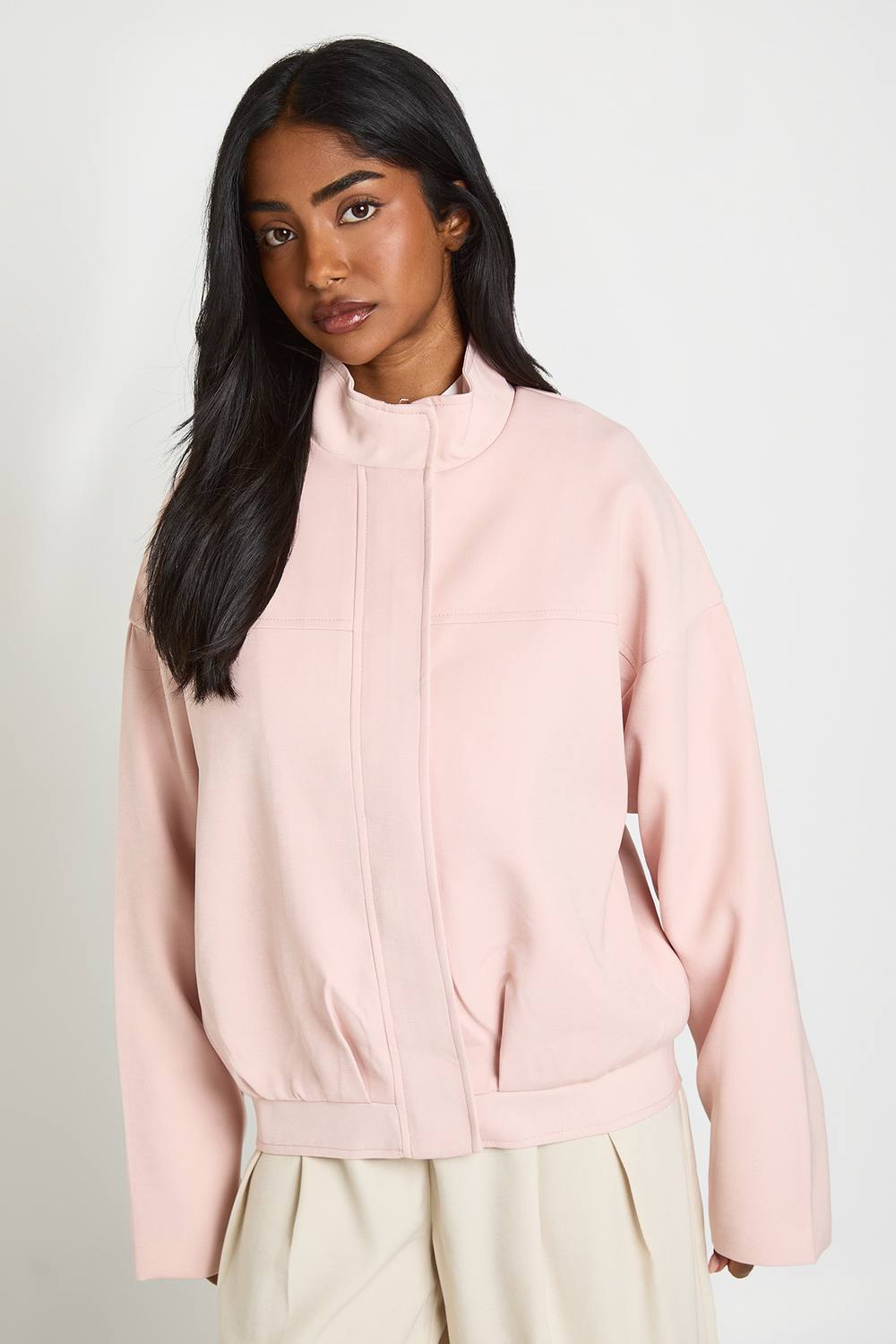 boohoo Women's Funnel Neck Tailored Bomber Jacket in Pink by boohoo