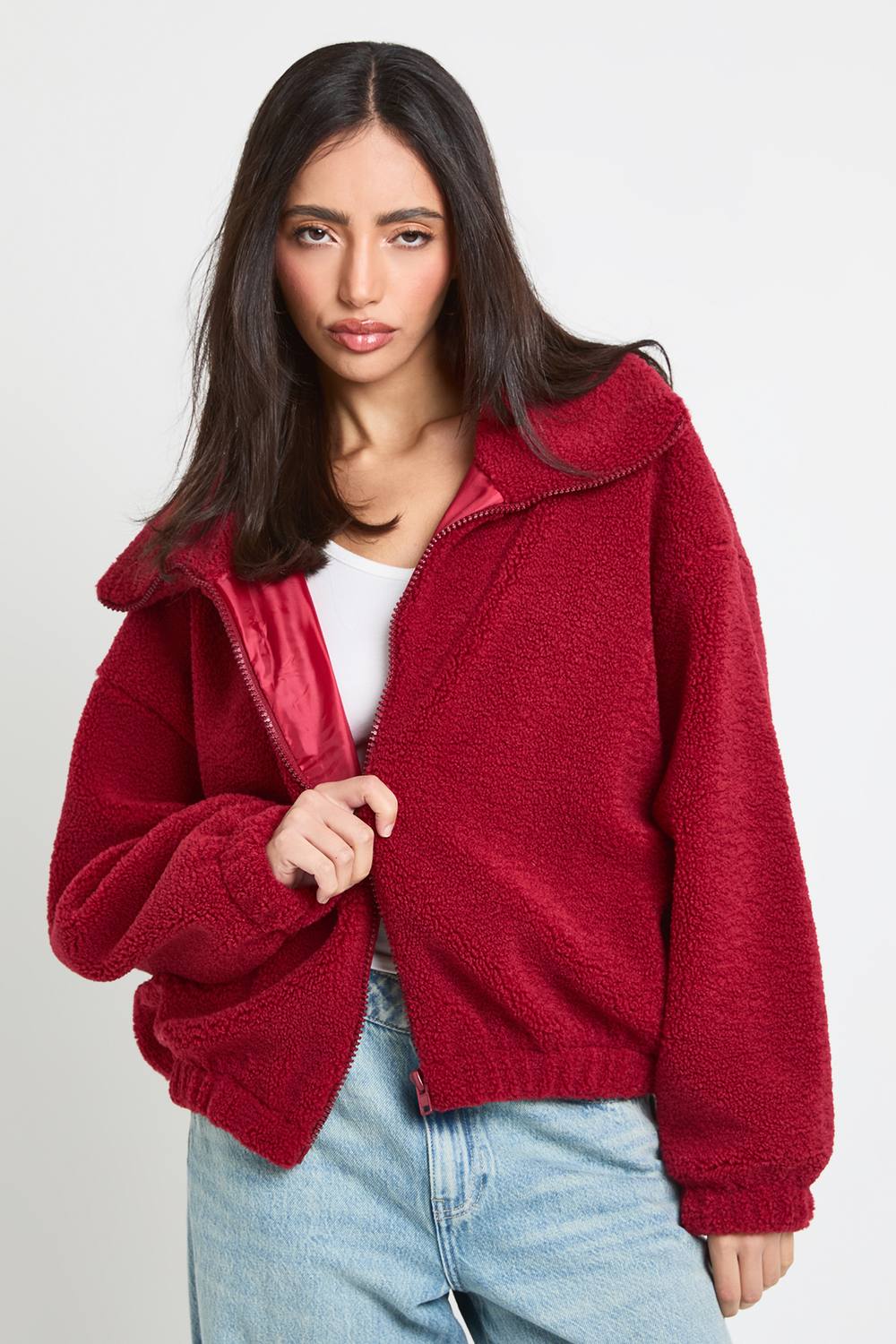 boohoo Women's Funnel Neck Teddy Bomber Jacket in Burgundy by boohoo