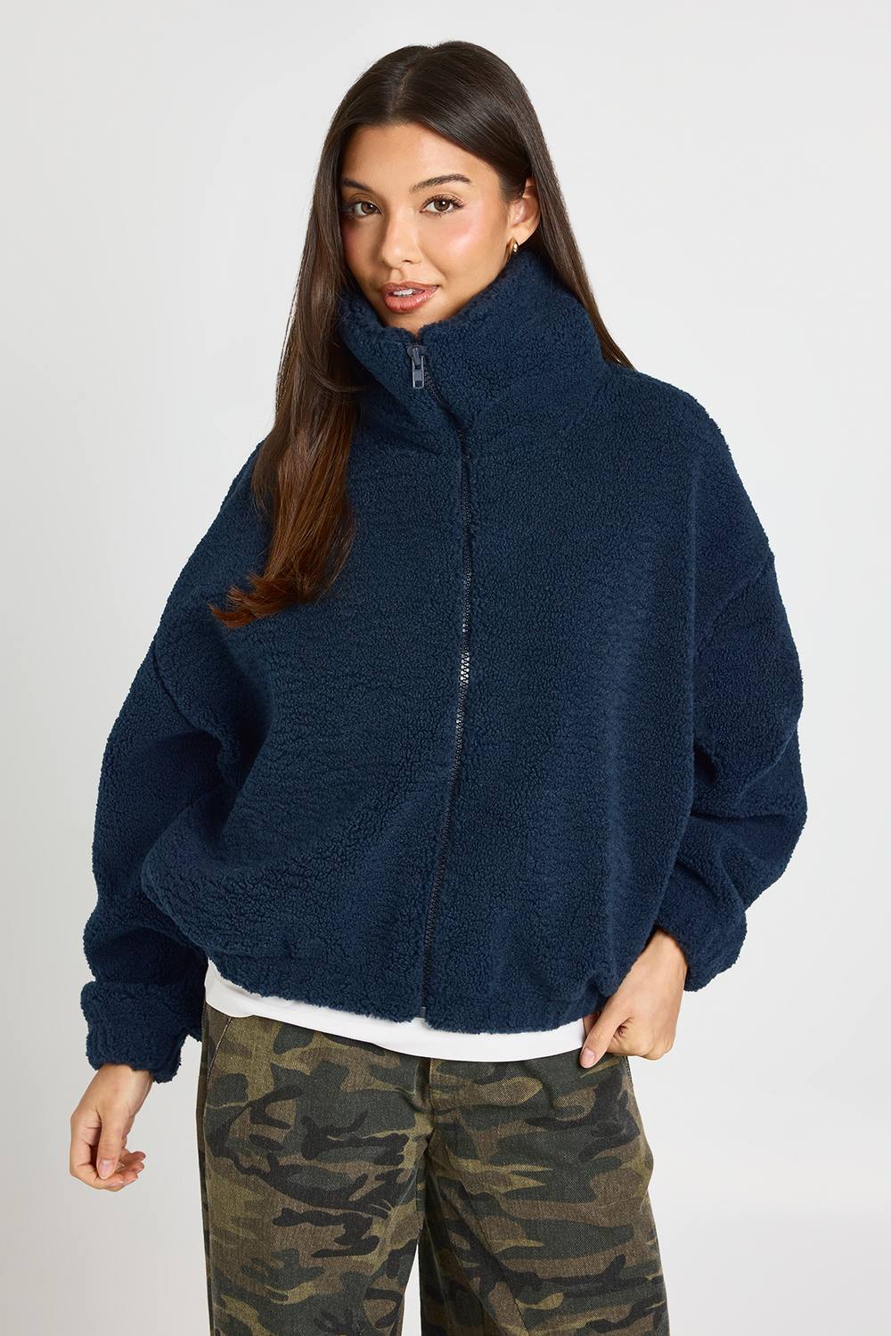 boohoo Women's Funnel Neck Teddy Bomber Jacket in Navy by boohoo