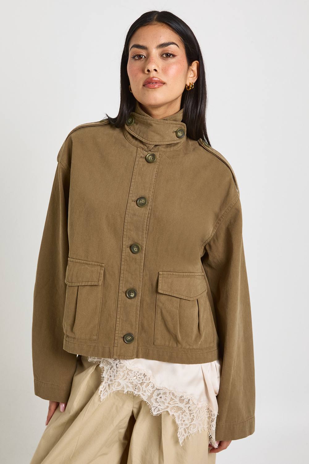 boohoo Women's Funnel Neck Twill Utility Shacket in Khaki by boohoo