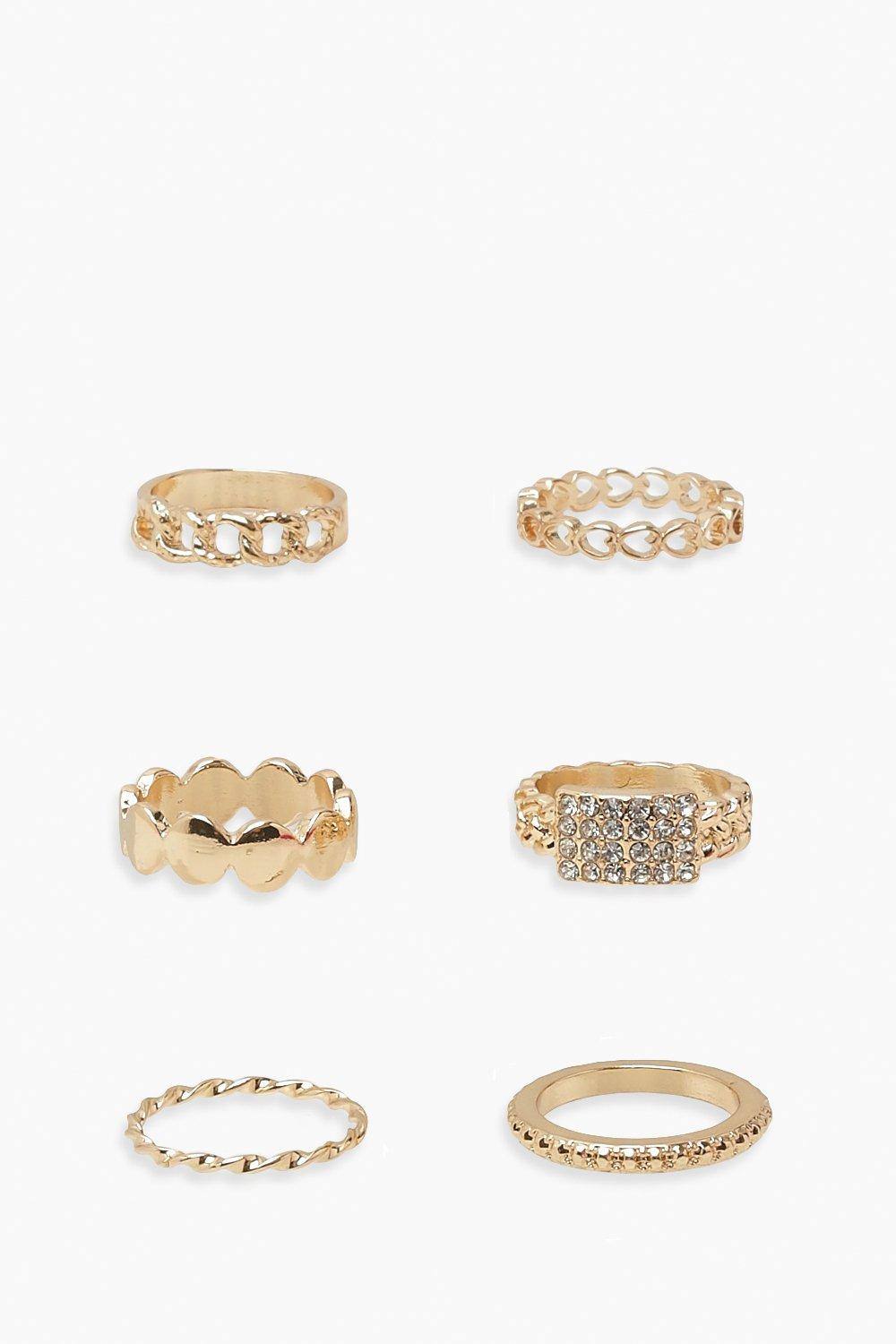 boohoo Women's Gold Assorted Diamante 6 Pack Ring Set by boohoo