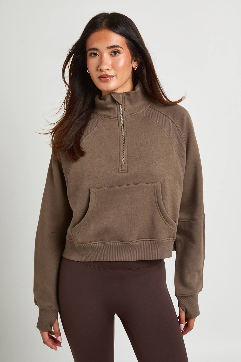 boohoo Women's Half Zip Rib Detail Sweatshirt in Dark Taupe by boohoo