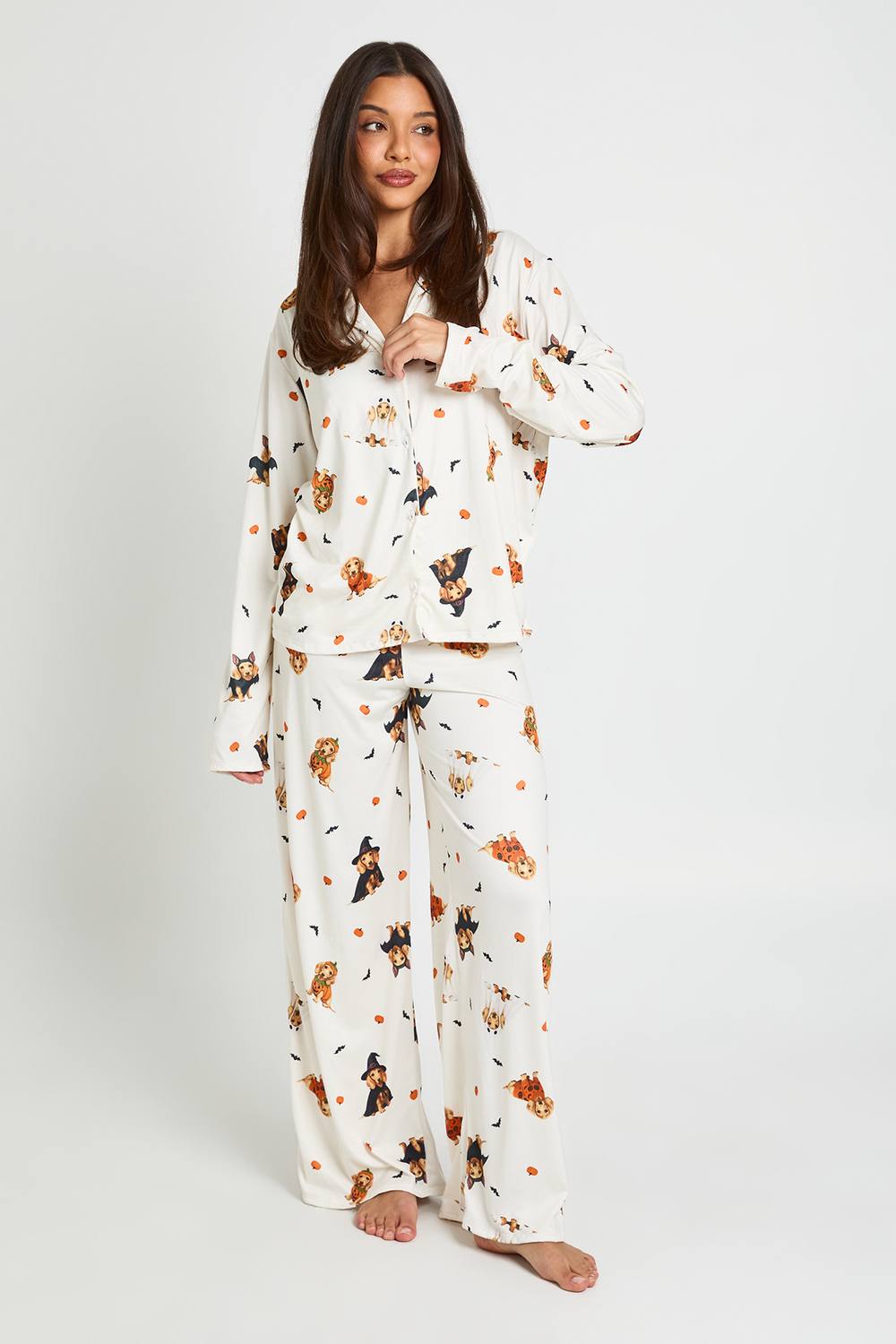 boohoo Women's Halloween Dog Print Long Sleeve Shirt & Trouser Pyjama Set in Cream by boohoo